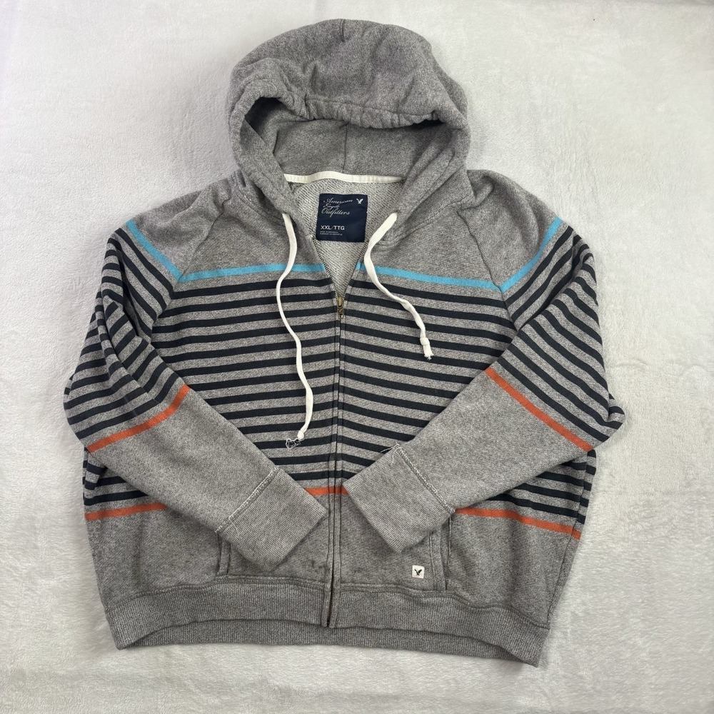 Y2K American Eagle Outfitters Grey Full Zip Striped Long Sleeve Hoodie Women XXL